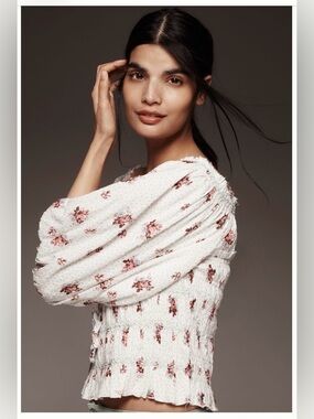 By Anthropologie Puff-Sleeve Smocked Floral Print Blouse
